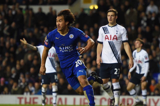 Shinji Okazaki celebrates scoring against Tottenham in the FA Cup