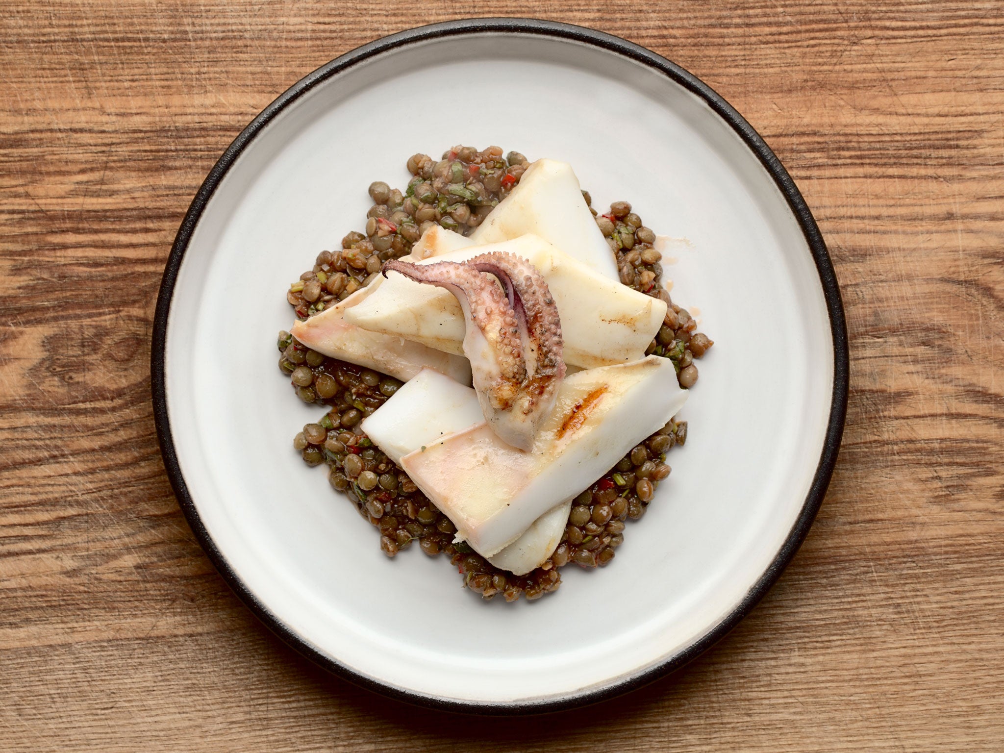 Spiced lentils with grilled cuttlefish