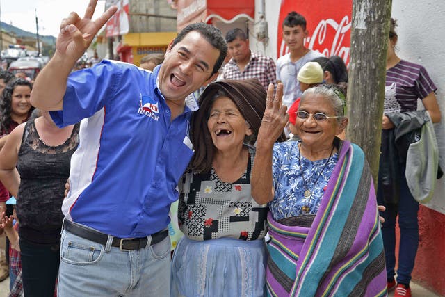 Running gag man: Jimmy Morales on the campaign trail in Guatemala last year