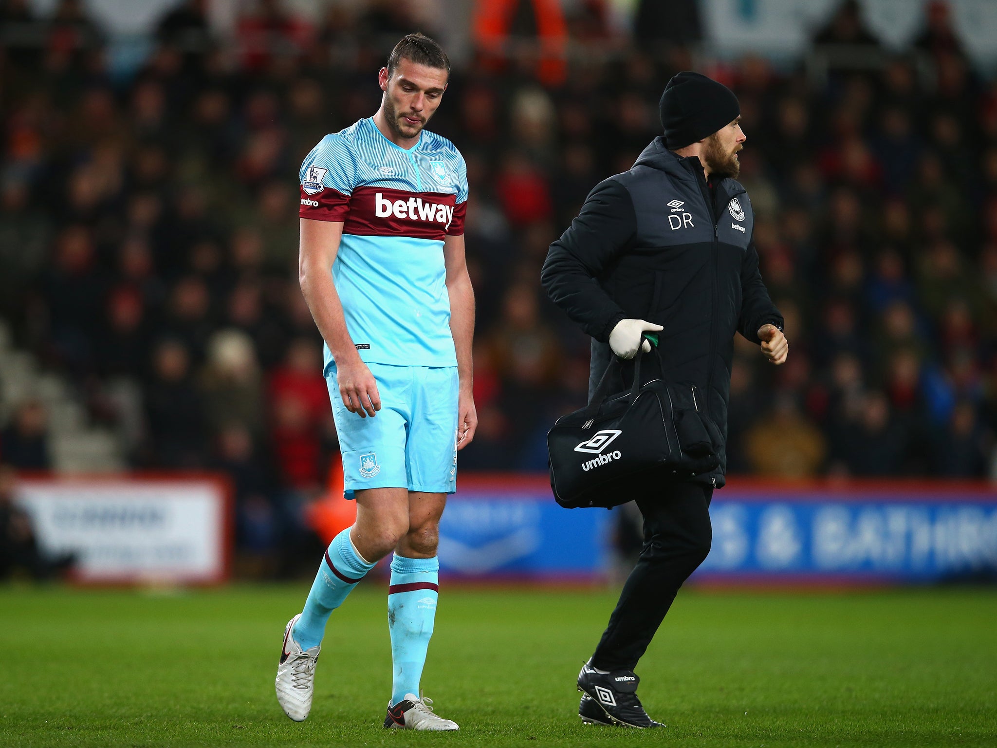 West Ham’s Andy Carroll hobbles off after suffering his latest injury