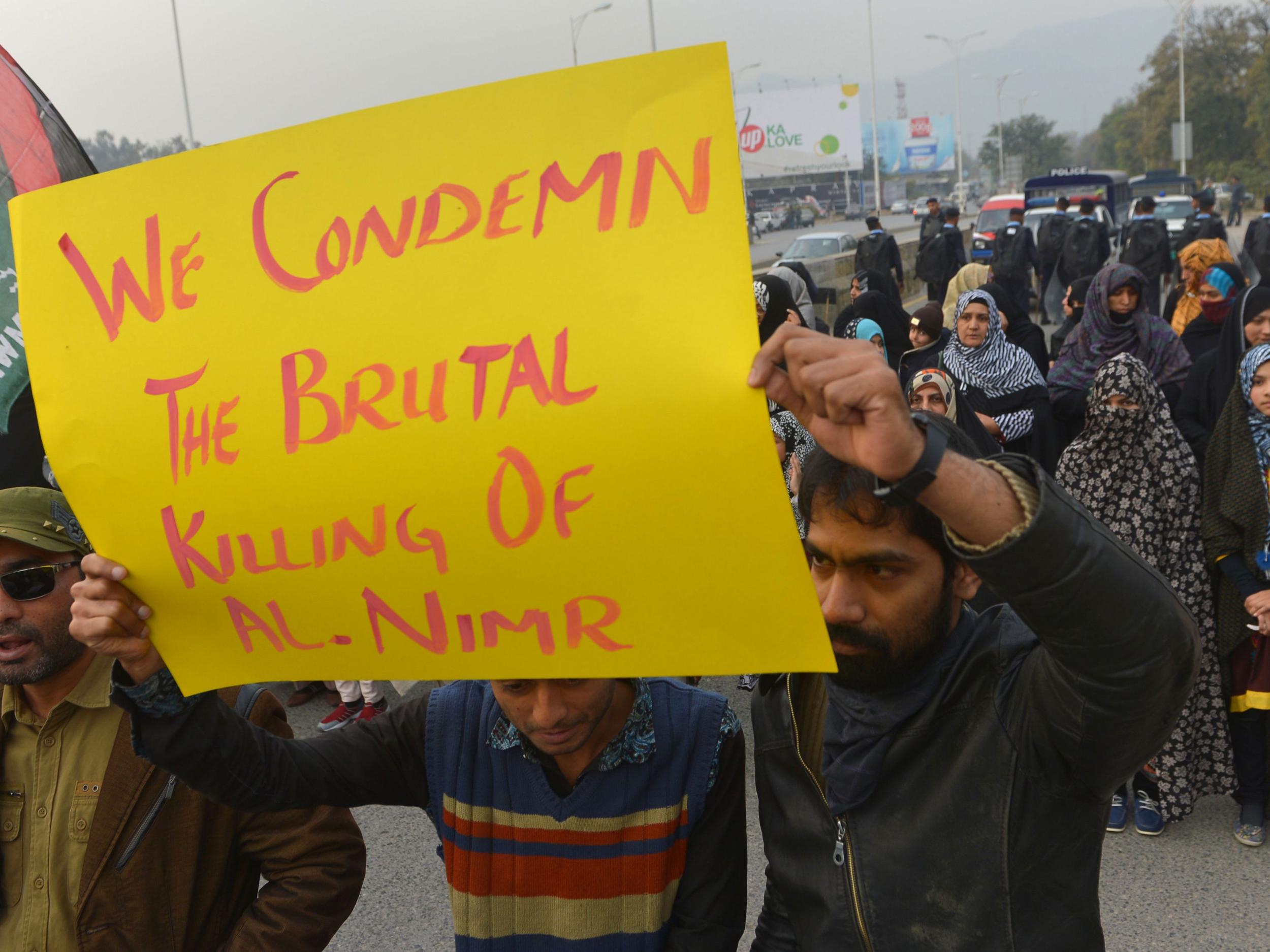 Pakistani Shiite Muslims march during a protest in Islamabad against the execution of prominent Shiite Muslim cleric Nimr al-Nimr by Saudi authorities Getty