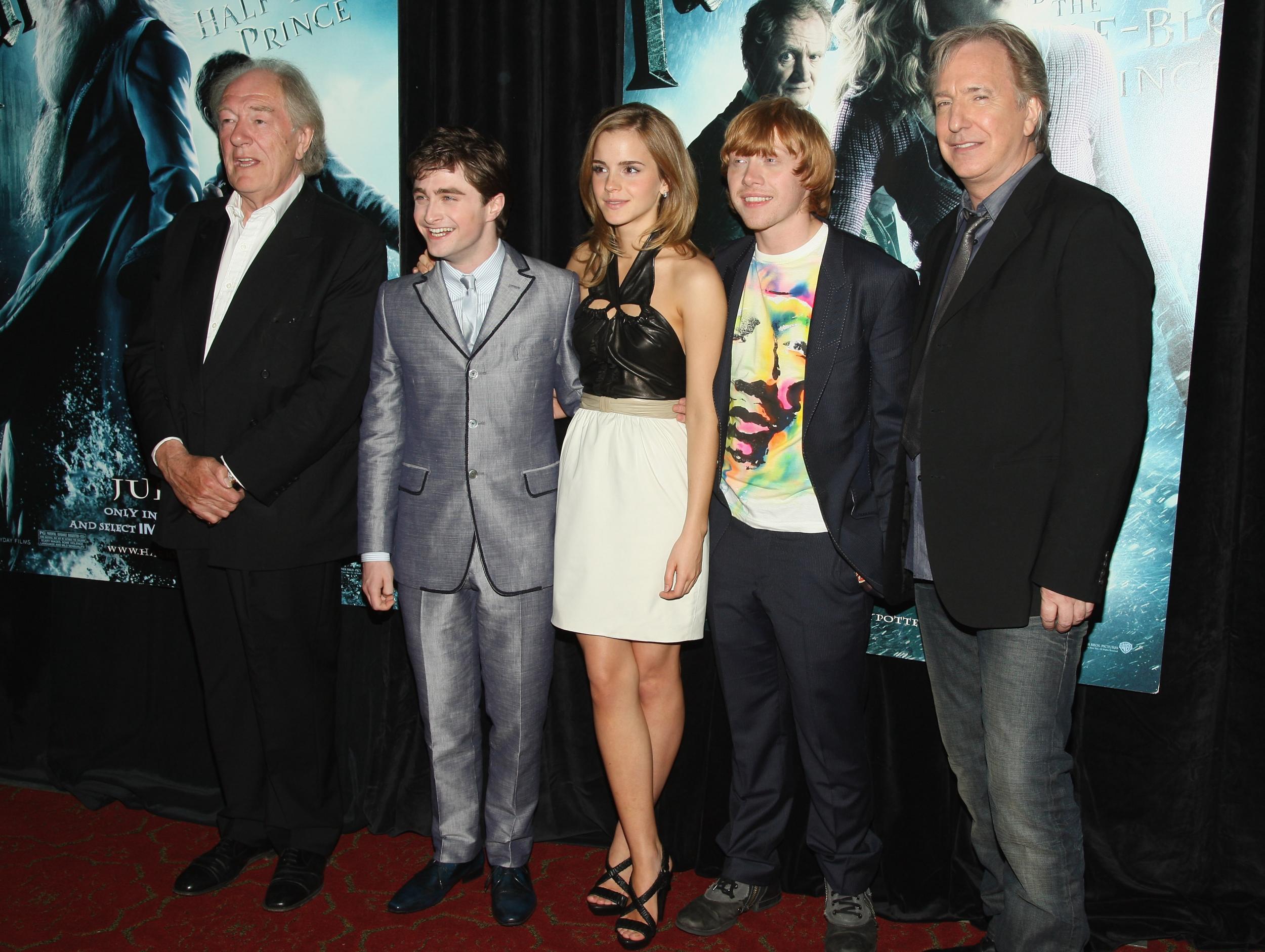 Michael Gambon, Daniel Radcliffe, Emma Watson, Rupert Grint and Alan Rickman at the New York premiere for Harry Potter and the Half-Blood Prince in 2009