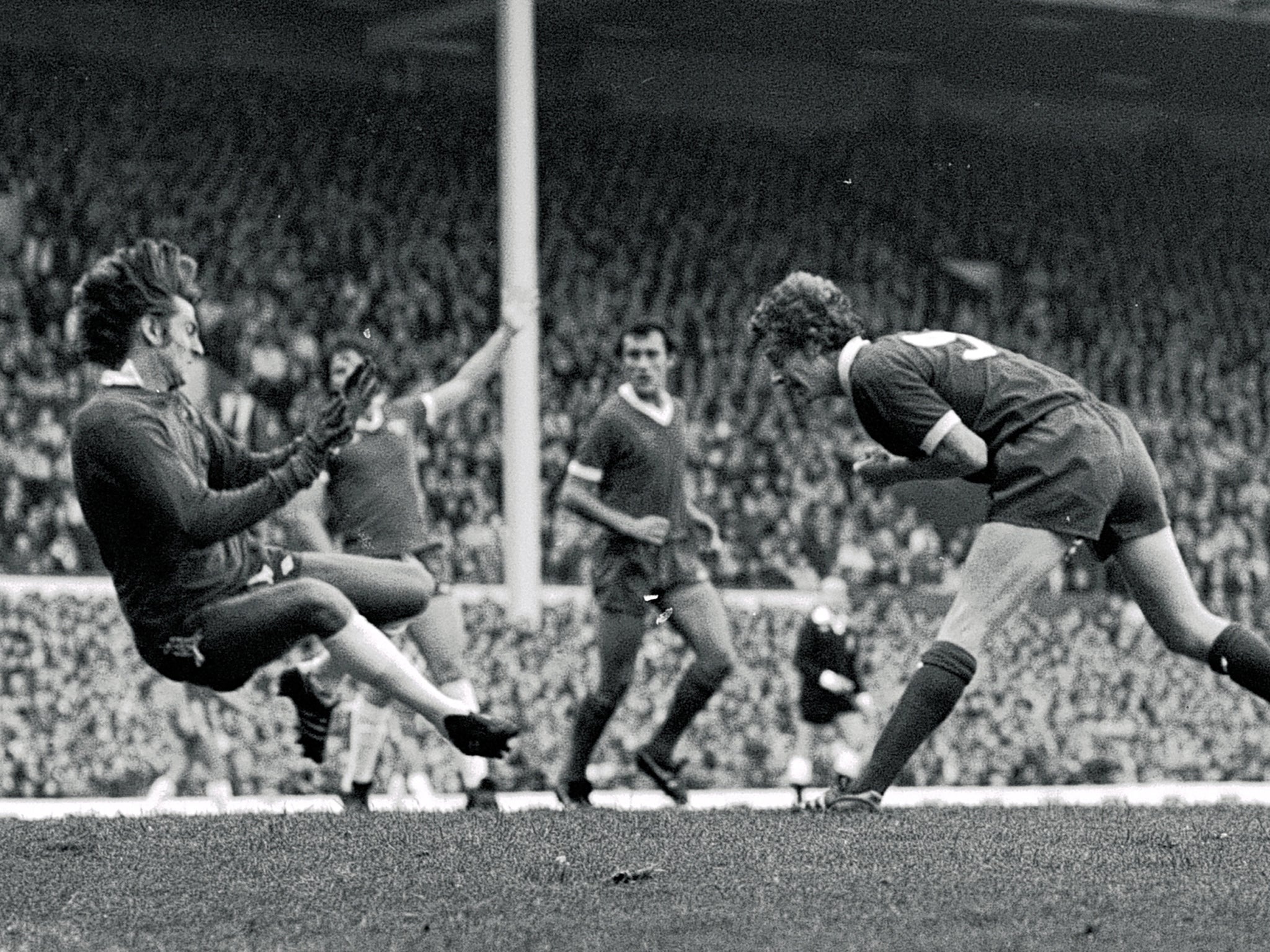 David Fairclough scores a header past Chelsea’s John Phillips at Anfield in 1977, one of his 154 appearances for Liverpool