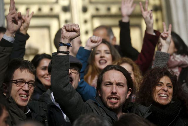 Podemos, led by Pablo Iglesias, centre, emerged as the biggest success of Spain’s 2014 general election