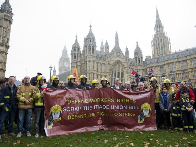 Firefighters demonstrate outside the Houses of Parliament against the Trade Union Bill in November last year