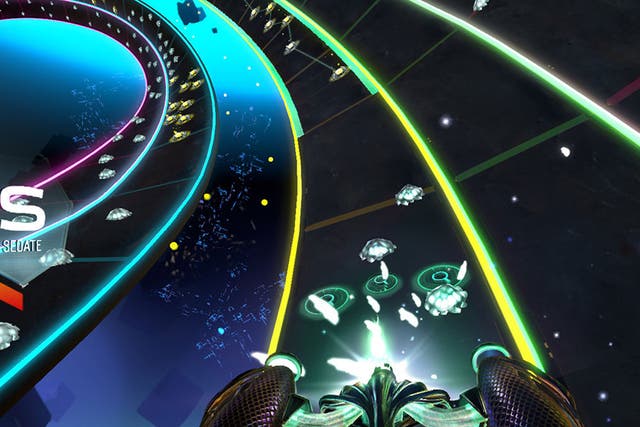 In Amplitude you play as a space ship shooting notes on six paths, moving between paths to keep your combo going