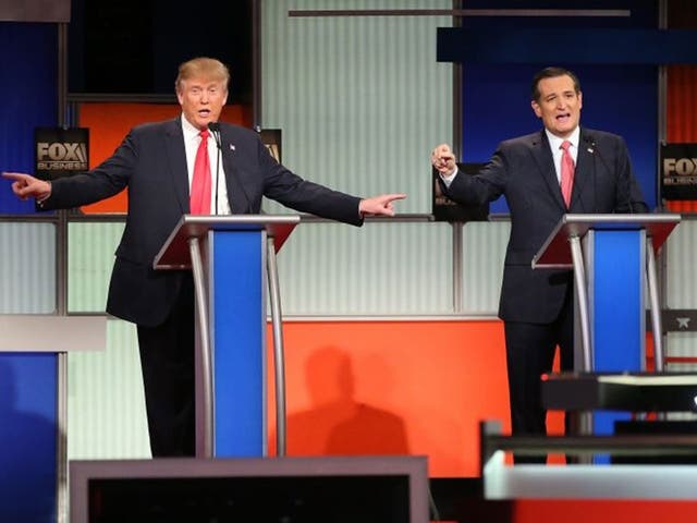 Donald Trump and Ted Cruz participate in the Republican presidential debate in North Charleston