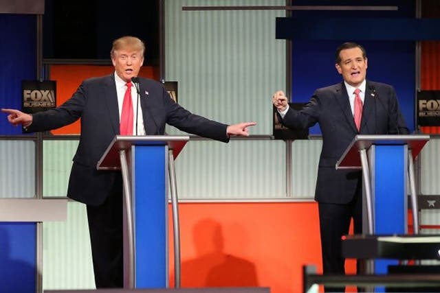 Donald Trump and Ted Cruz participate in the Republican presidential debate in North Charleston