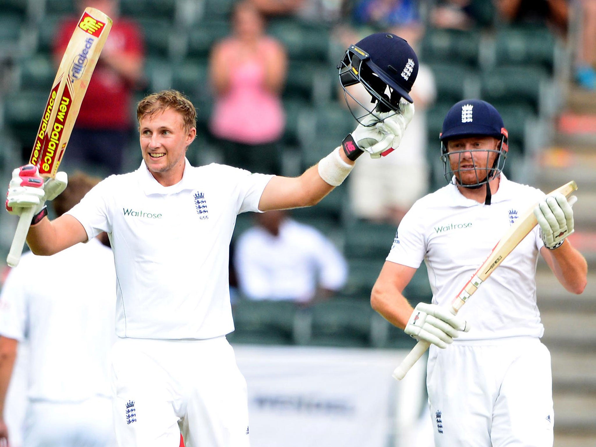 Joe Root celebrates reaching his century in the third Test against South Africa