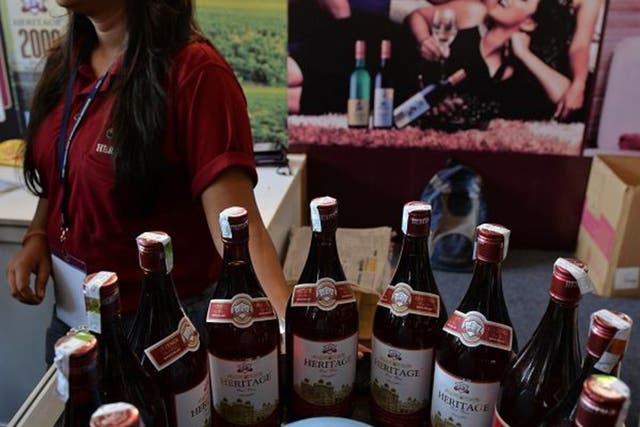 Bottles of Indian wines are seen on display during the International Wine Festival in Bangalore