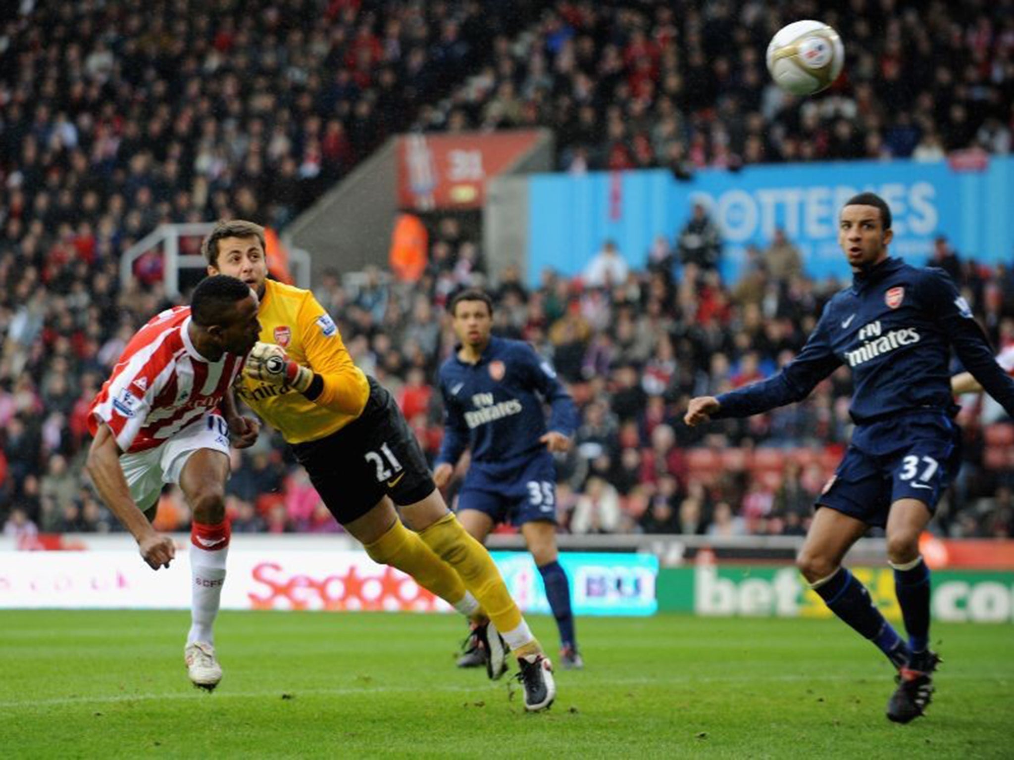 Ricardo Fuller heads home the opening goal of Stoke’s 3-1 win over Arsenal during the FA Cup fourth-round tie in 2010