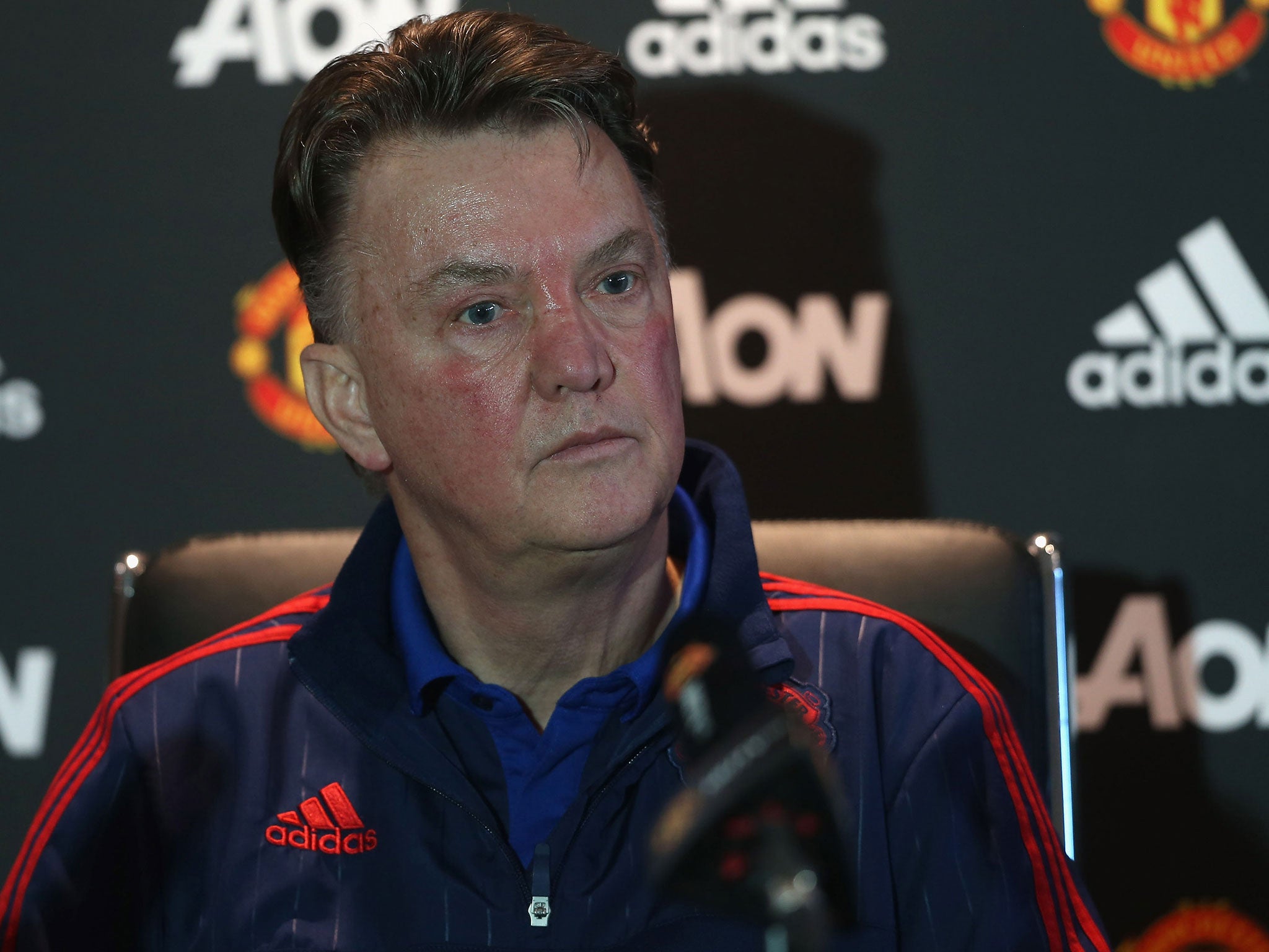 Louis van Gaal at a Manchester United press conference ahead of the match at Liverpool
