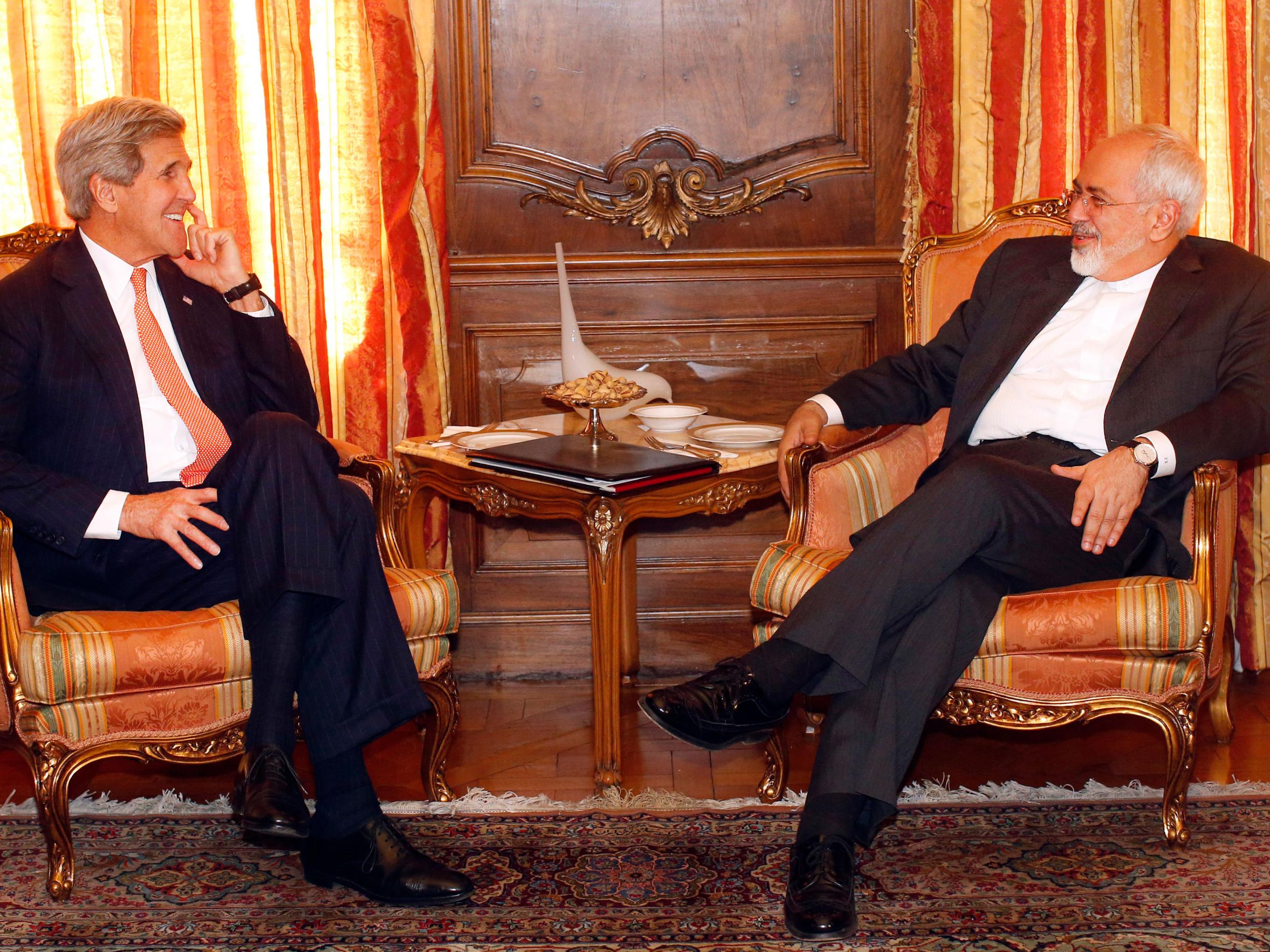 U.S. Secretary of State John Kerry meets with Iranian Foreign Minister Mohammad Javad Zarif at the UN in April 2015 attempting to make progress in talks on a long-term nuclear deal