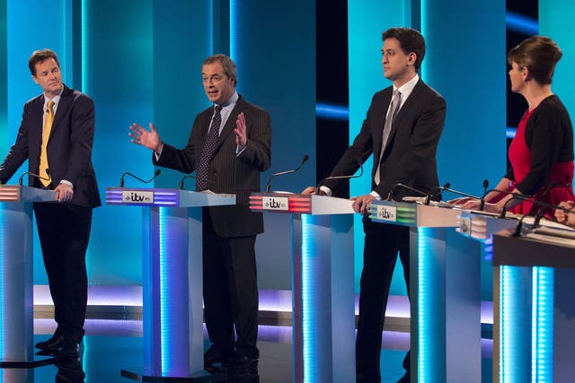 Nick Clegg, Nigel Farage, Ed Miliband and Leanne Wood at one of the televised Leaders Debates last year