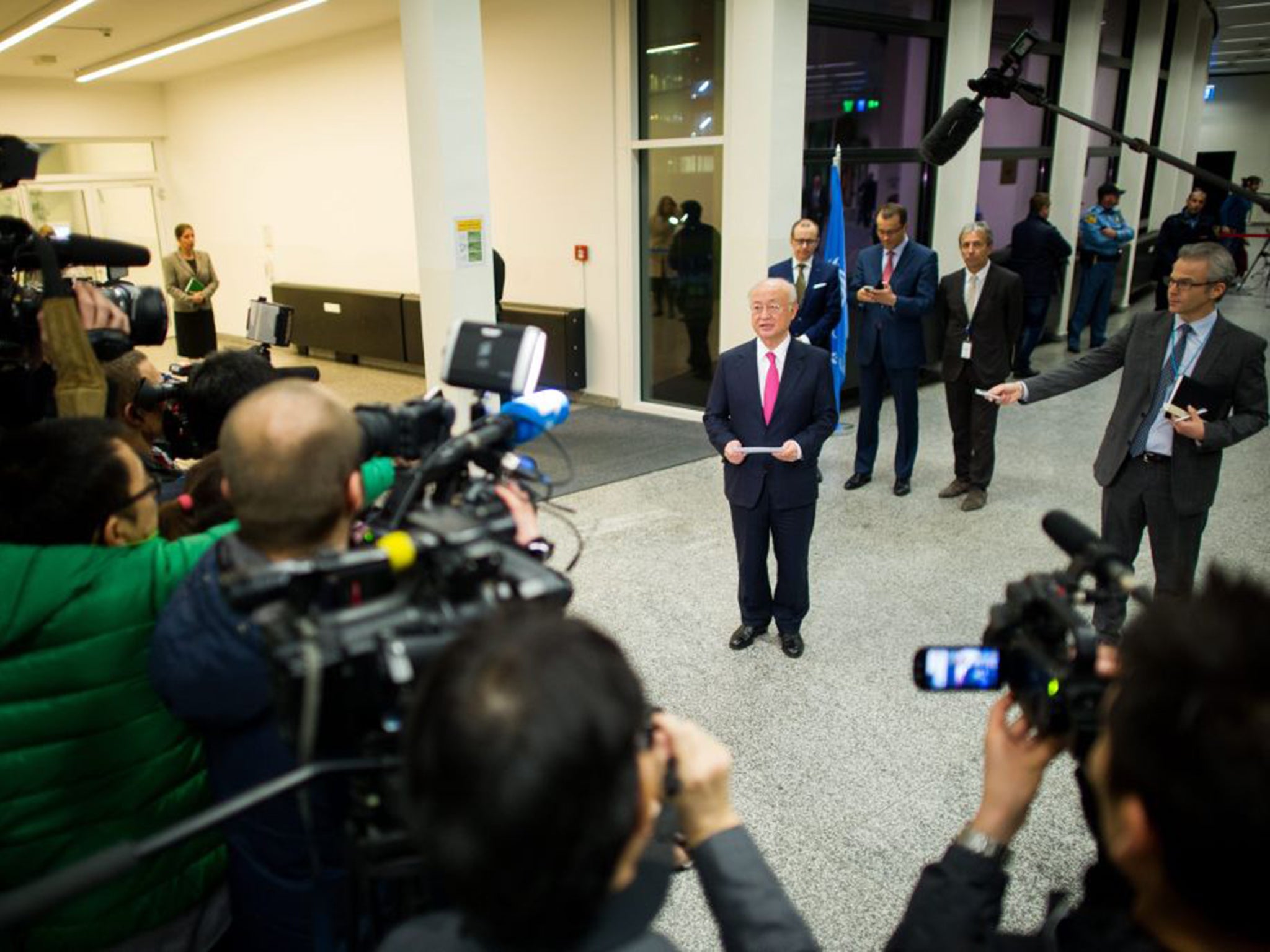 Director General of the International Atomic Energy Agency, Yukiya Amano, addresses the media after the conclusion of the talks in Vienna
