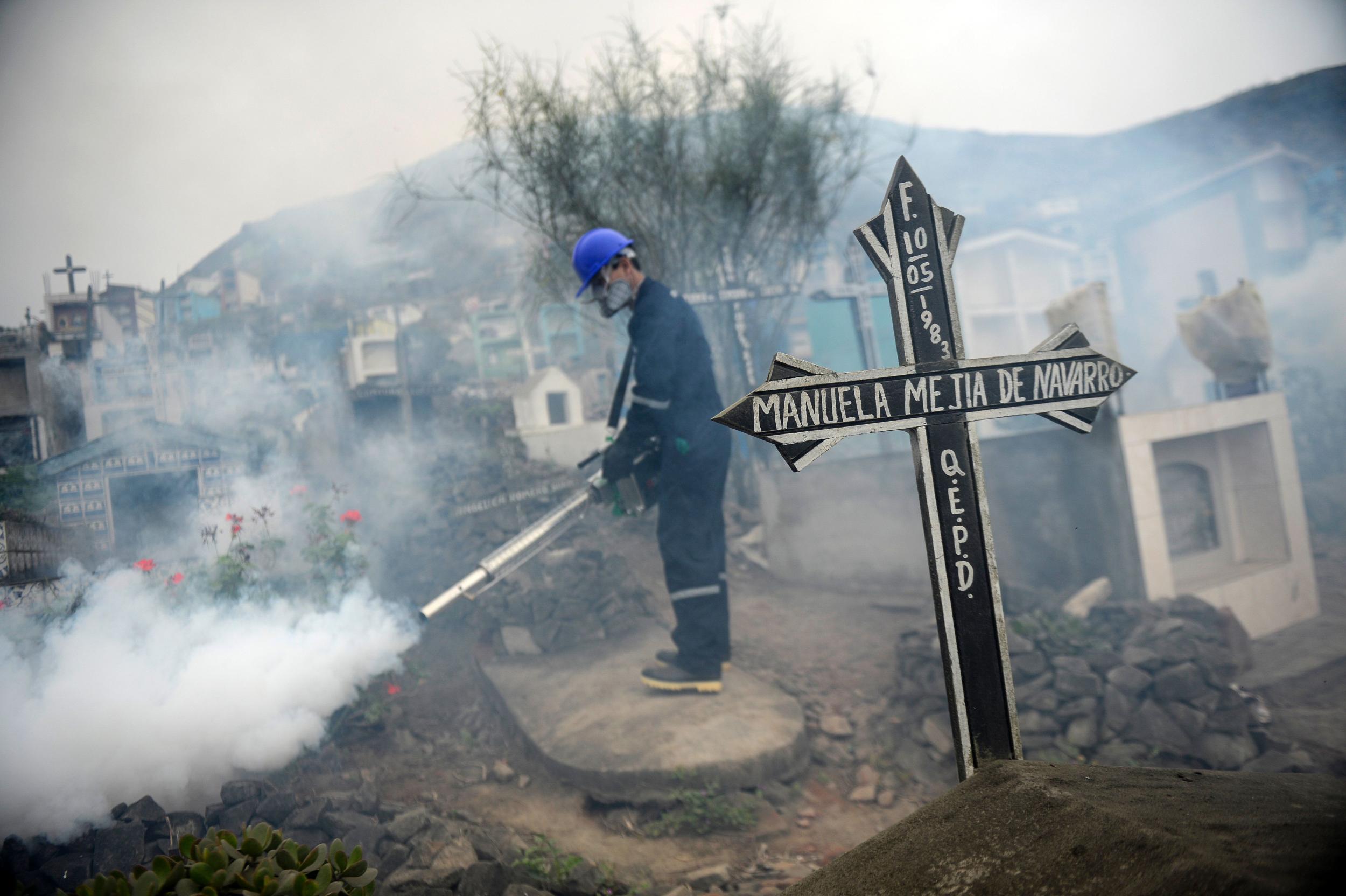 A specialist fumigates a cemetery in Lima, Peru, in an effort to stop the spread of the dangerous Zika virus