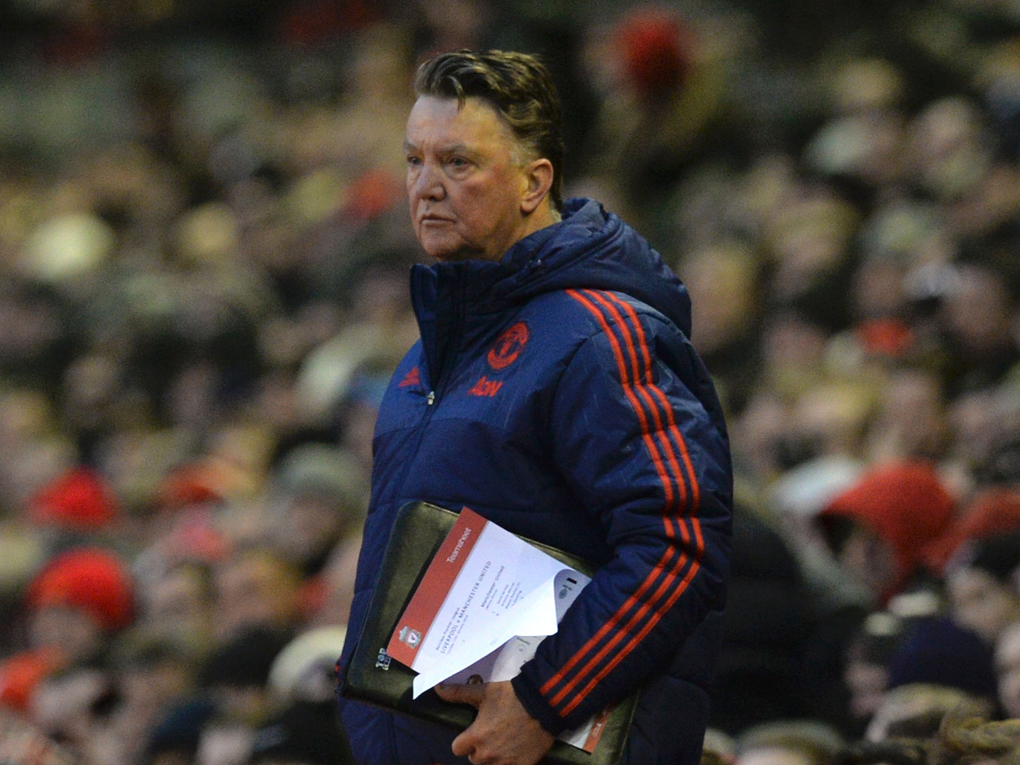 Louis van Gaal looks on from the touchline at Anfield