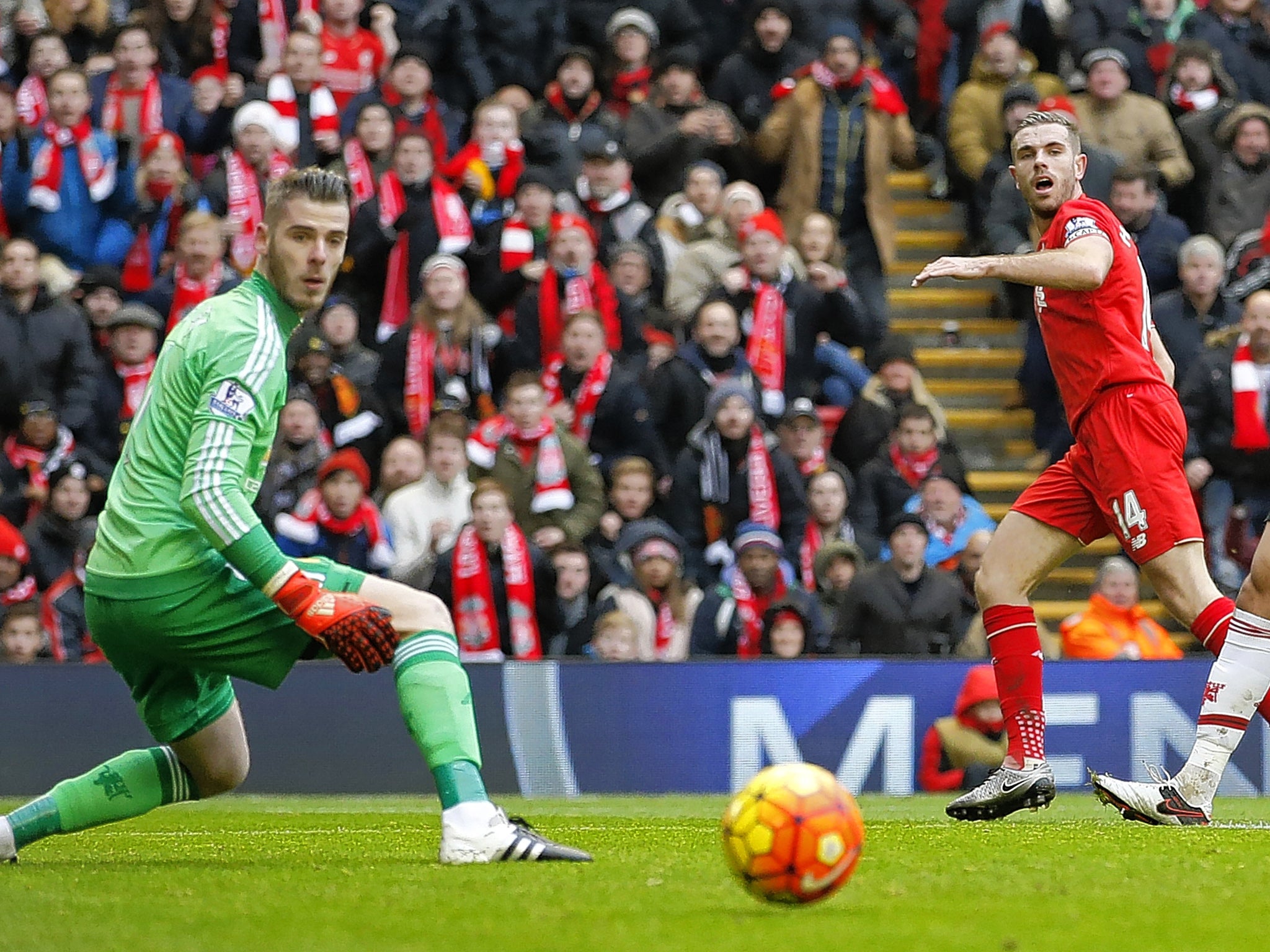 Jordan Henderson, the Liverpool captain, fires wide at Anfield when he should have done better
