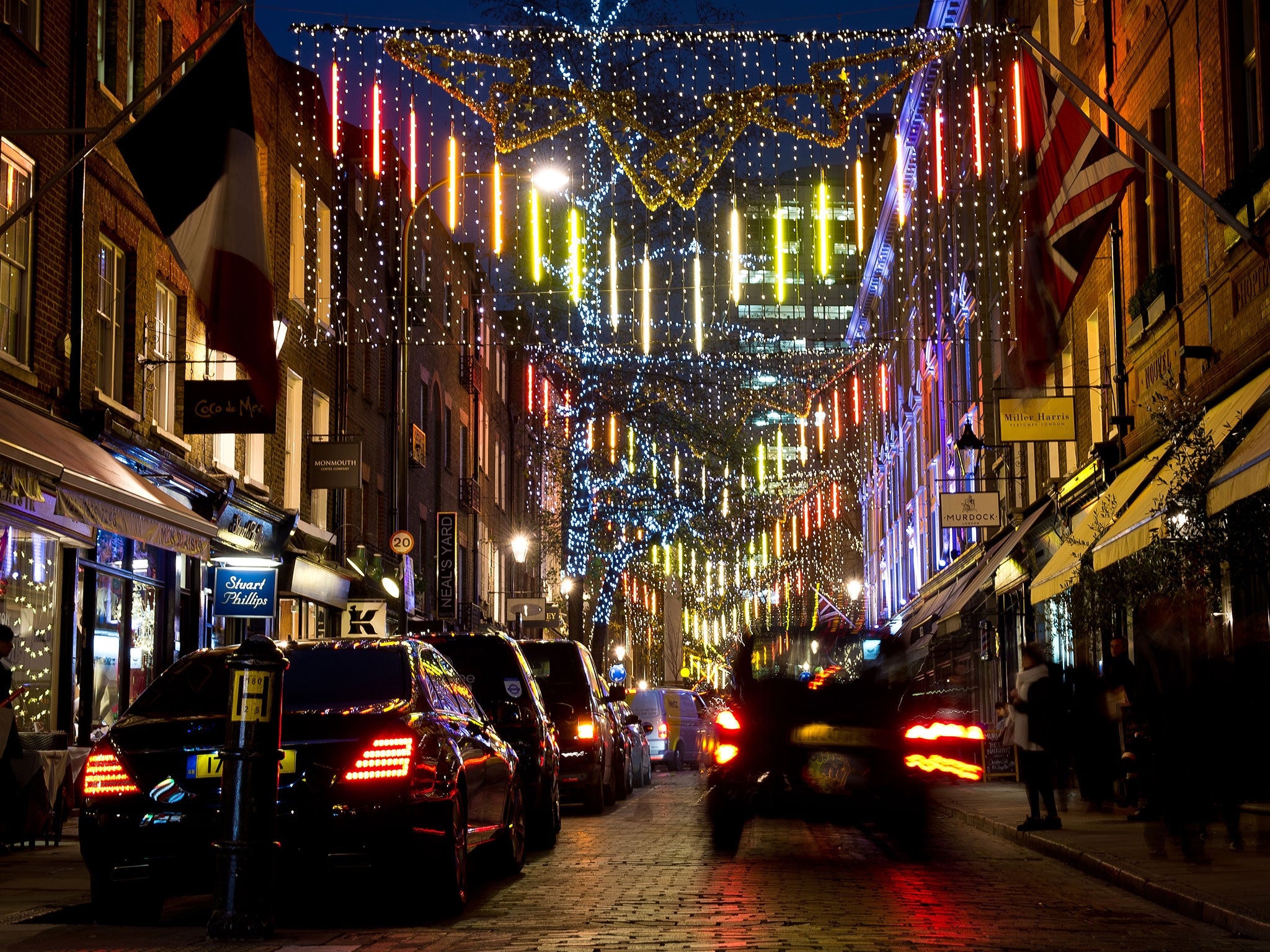 Christmas lights are displayed near Covent Garden in central London