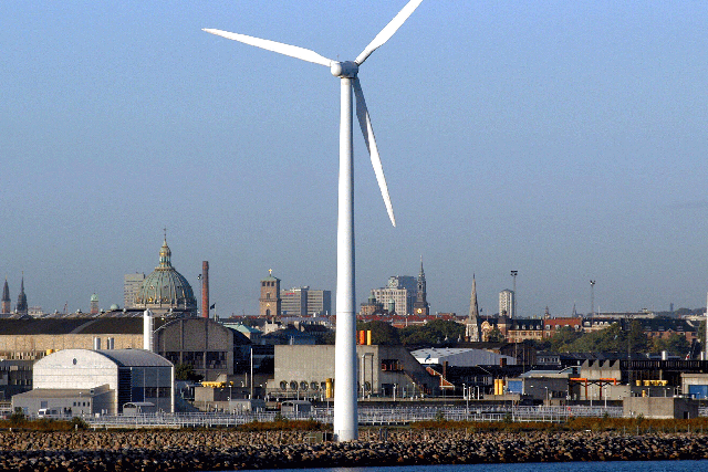 A wind turbine in Copenhagen, Denmark. The country is aiming for 50 percent renewable energy sources within the next five years