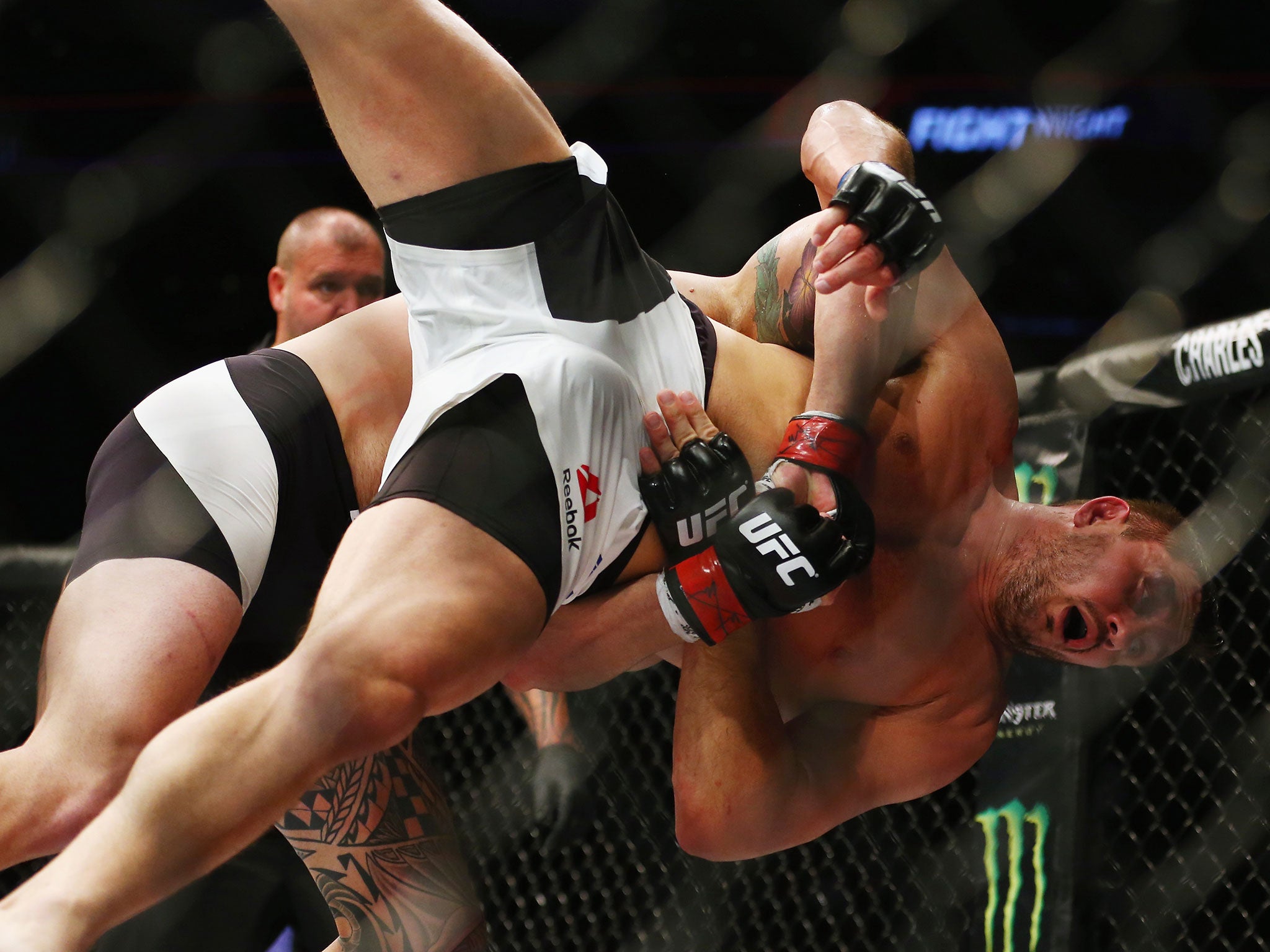 &#13;
Mitrione is taken down by Travis Browne at UFC Fight Night 81&#13;