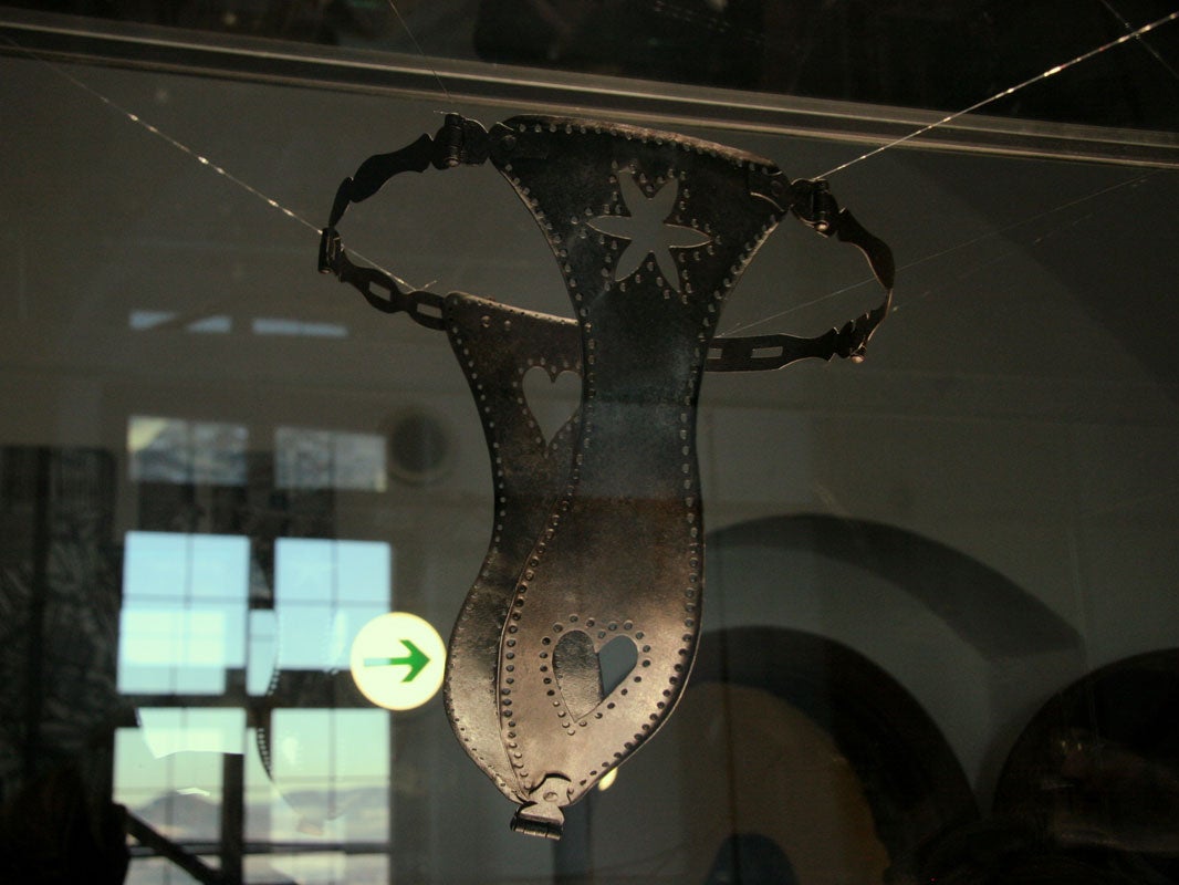 A chastity belt, worn to prevent or deter women from having sexual intercourse