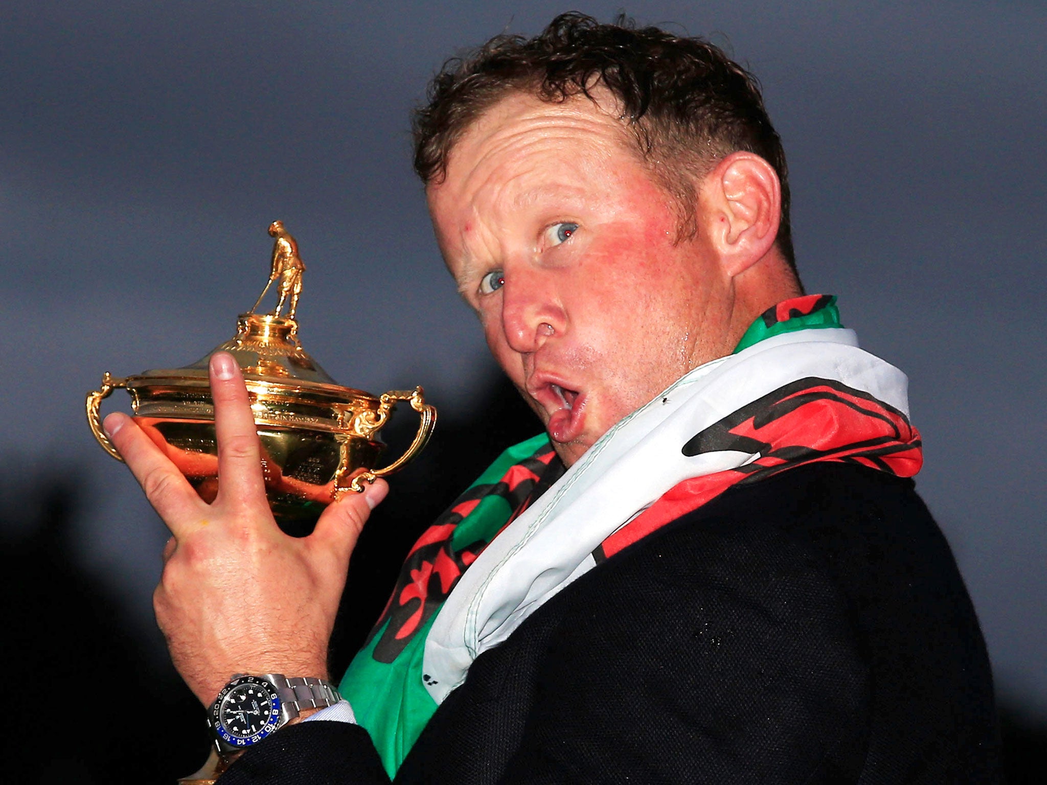 Jamie Donaldson celebrates after helping Europe win the 2014 Ryder Cup