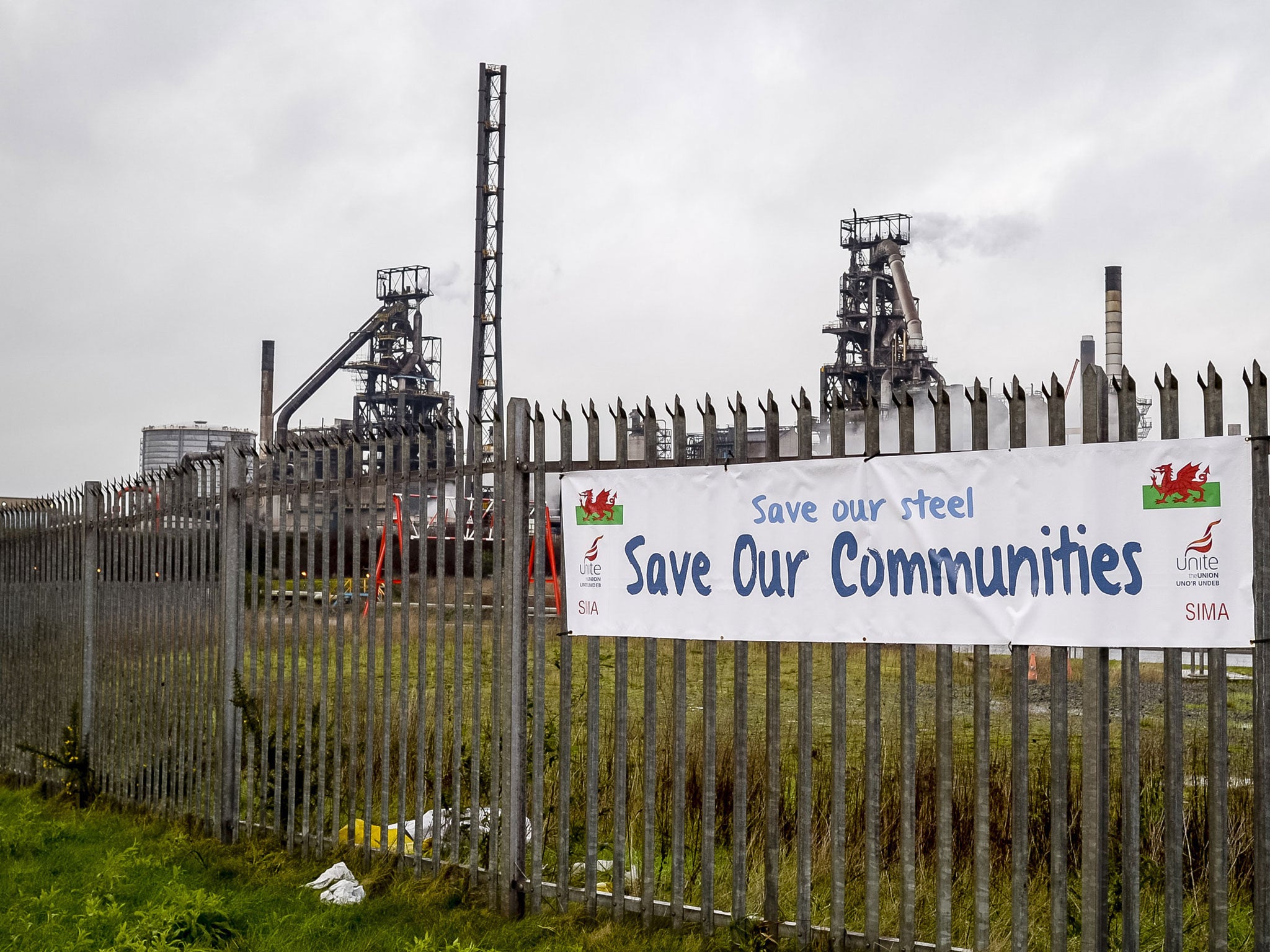 Banners seen at Tata’s steel plant in Port Talbot. The mill is set to lose 750 jobs at its coiling division, known as Strip Products