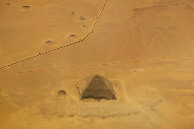 A picture taken on April 19, 2015 shows an aerial view of the bent pyramid of Dahshur, a royal necropolis located in the desert on the west bank of the Nile river, just south of Cairo