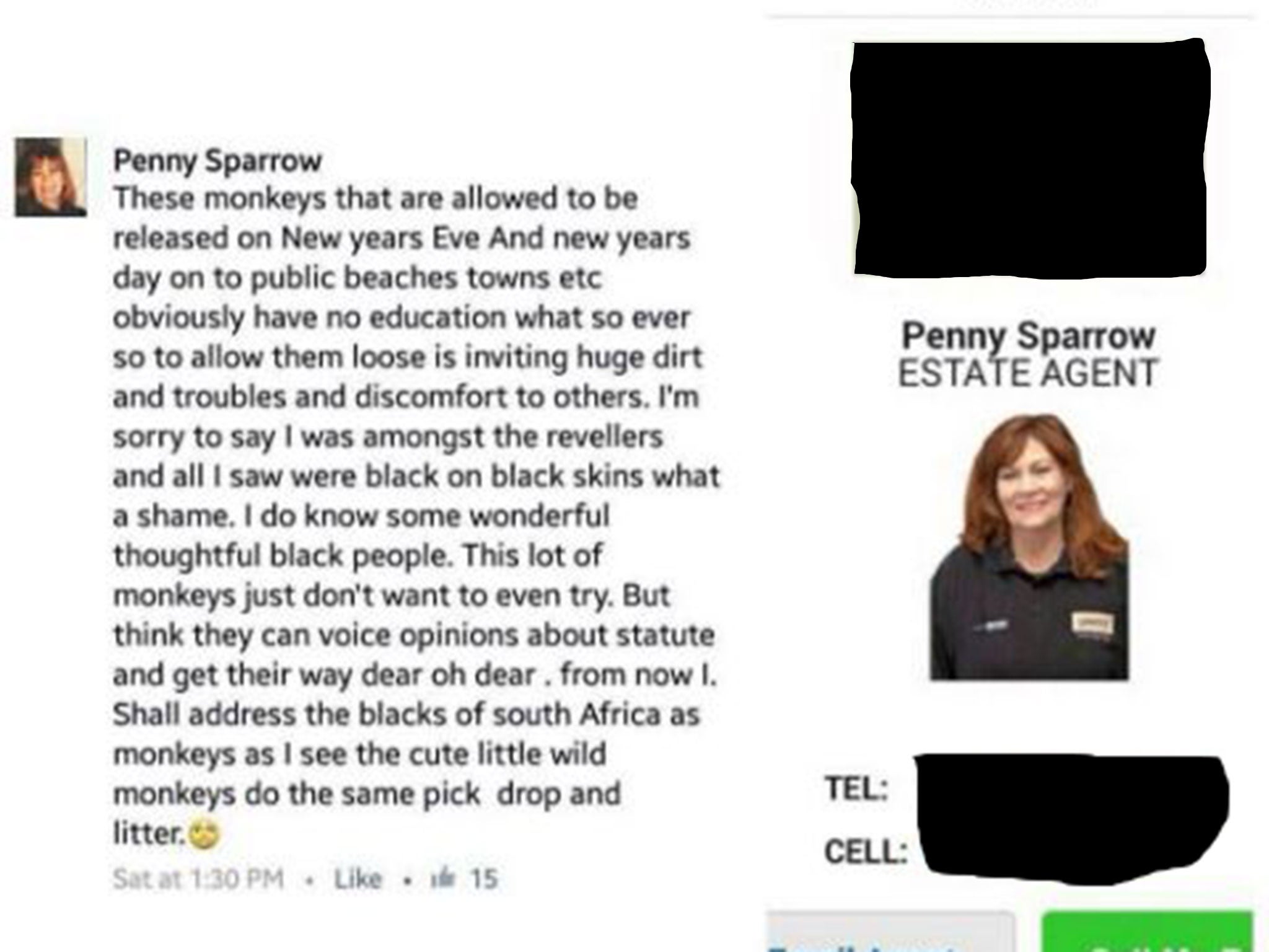 Penny Sparrow faces criminal charges for describing black people as monkeys in a Facebook post