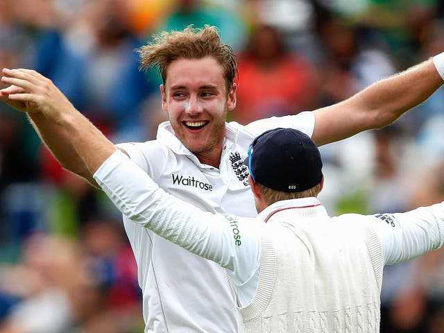 Stuart Broad celebrates taking the wicket of Temba Bavuma on the way to bowling England to victory on Saturday
