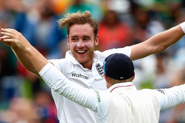 Stuart Broad celebrates taking the wicket of Temba Bavuma on the way to bowling England to victory on Saturday