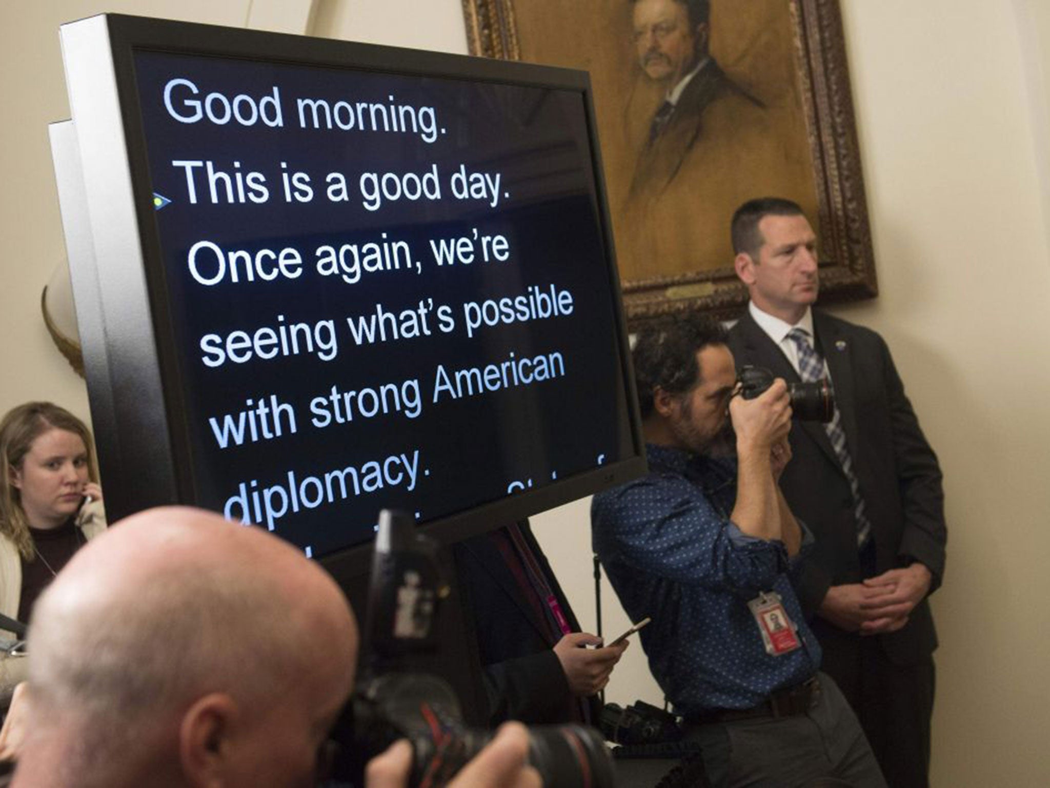 A teleprompter showing the first line of US President Barack Obama's speech following the conclusion of the deal with Iran