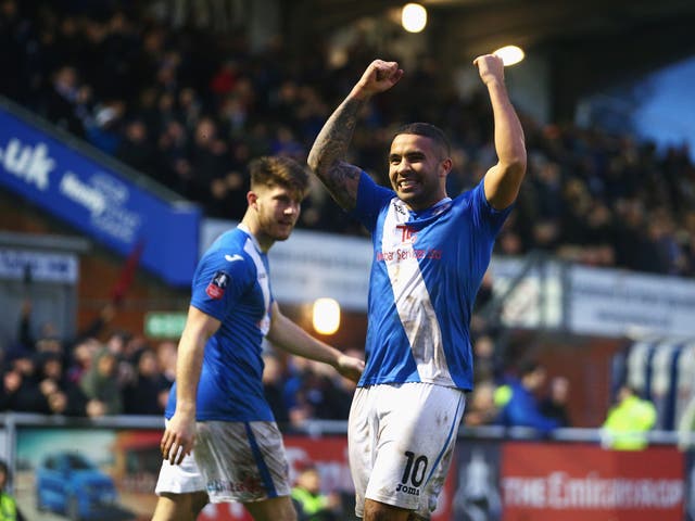 Eastleigh's Jai Reason celebrates his goal in Eastleigh and Bolton Wanderers' first FA Cup meeting this year
