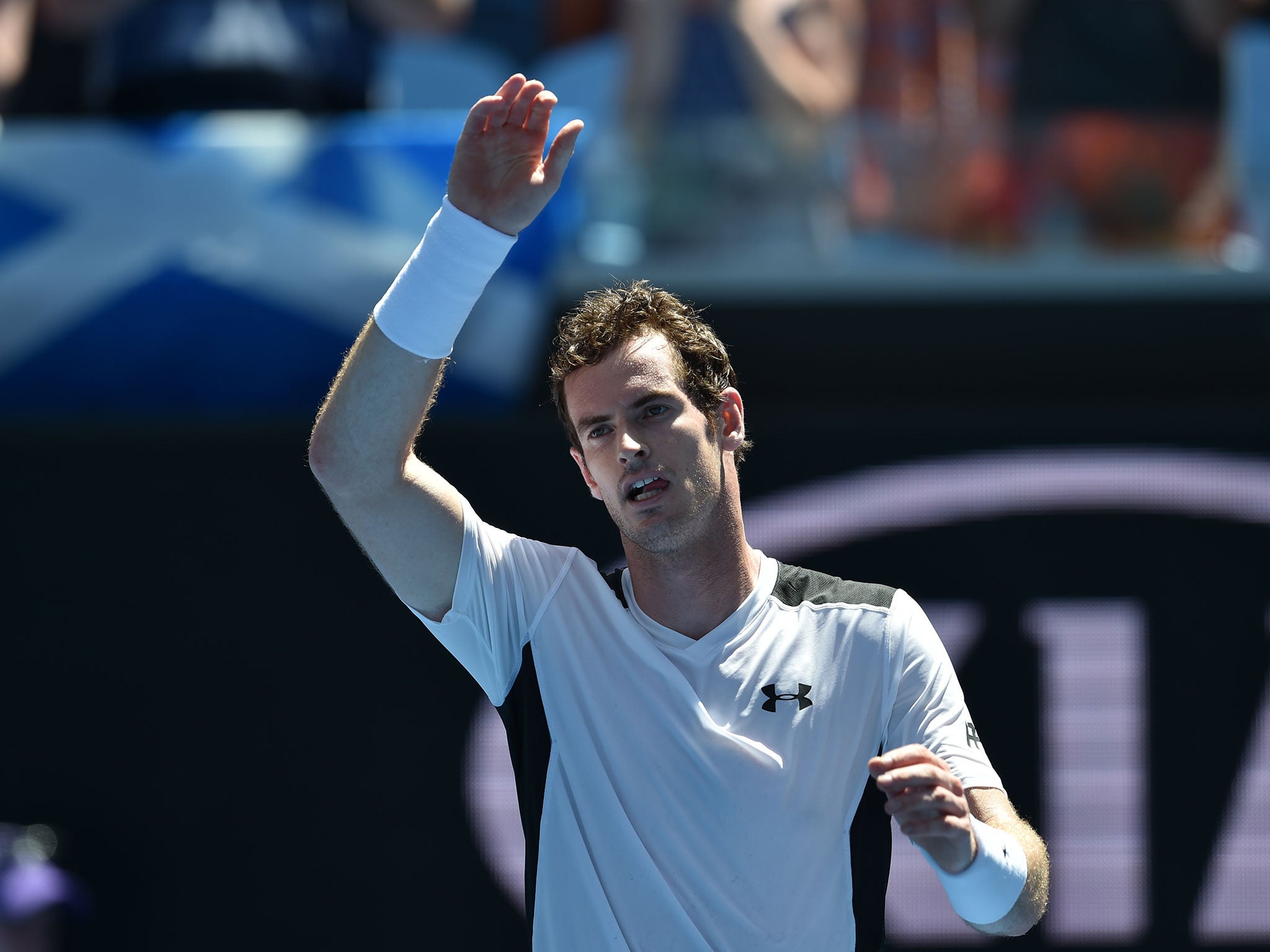 Andy Murray celebrates his first round victory over Alexander Zverev