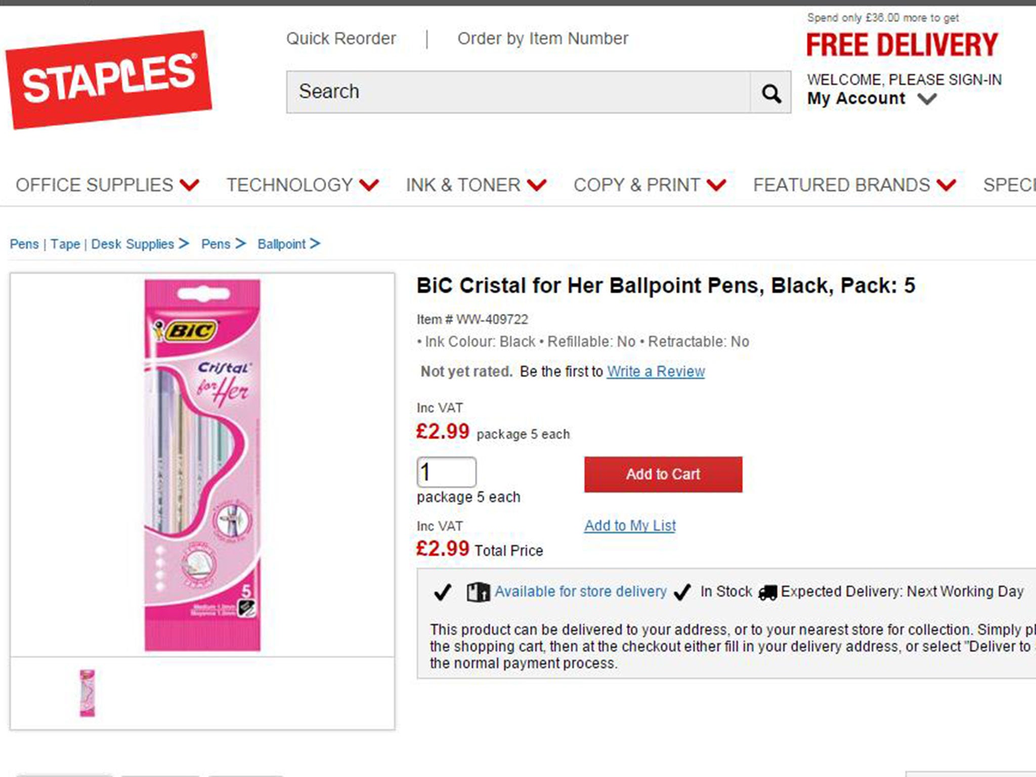 Bic's 'For Her' pens cost a third more than the same product in blue or black at Staples