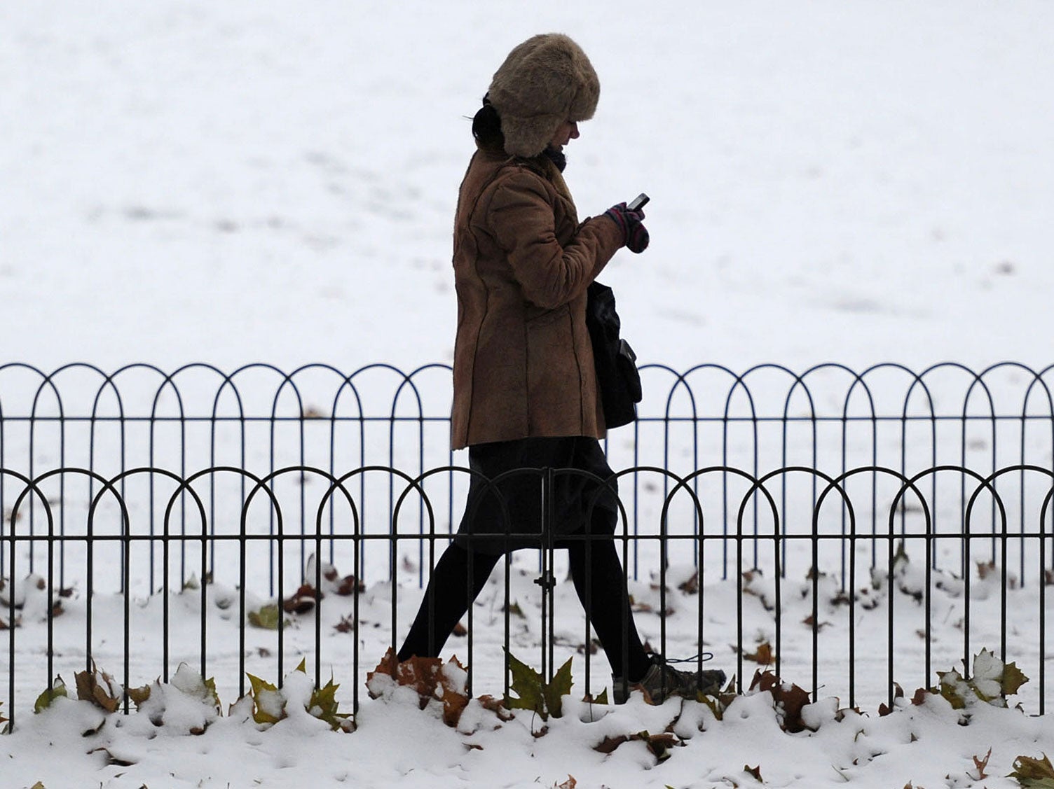 A woman uses her phone as she walks through a snowy St James's Park in London