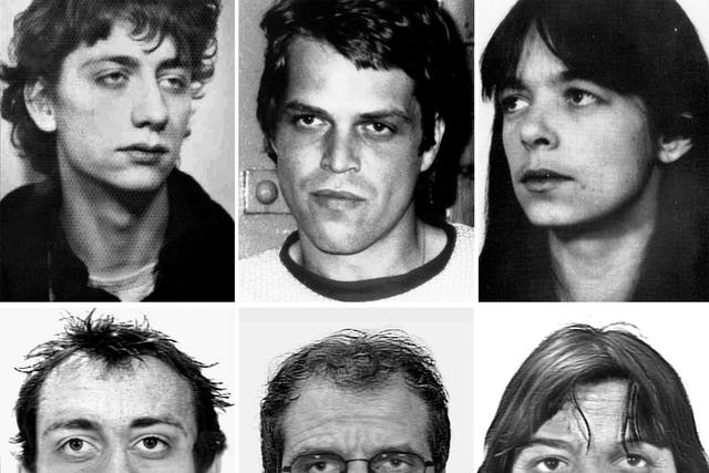 Wanted photos (top) and ageing-simulation images of (from left) Burkard Garweg, Ernst Volker Staub and Daniela Klette, the Baader-Meinhof members said to have carried out the robbery