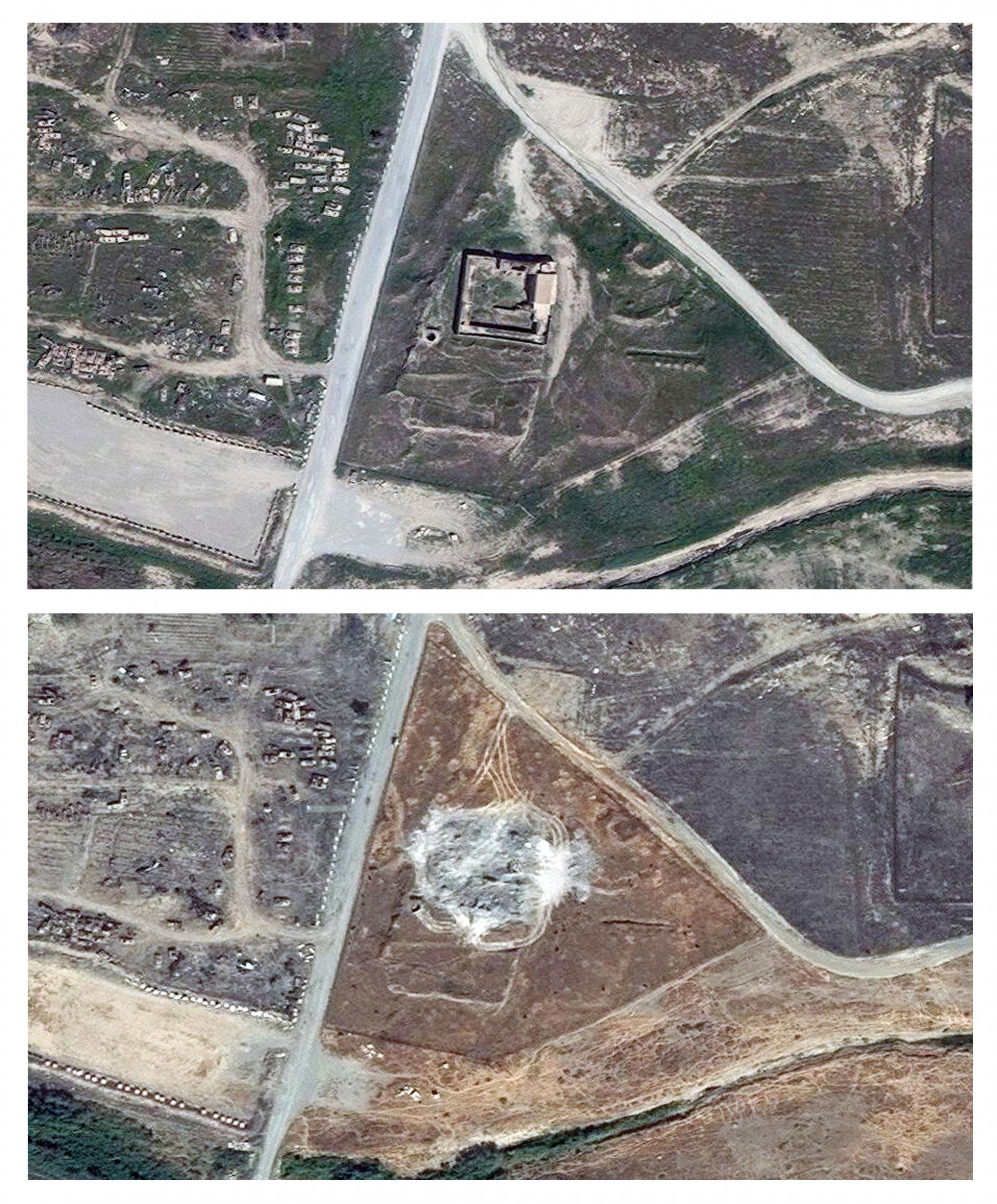 This combination of two satellite images provided by DigitalGlobe, taken on March 31, 2011, top, and Sept. 28, 2014, shows the site of the 1,400-year-old Christian monastery (DigitalGlobe via AP)