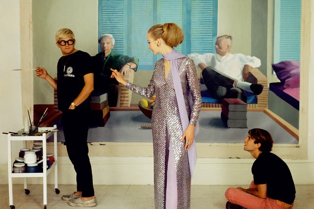David Hockney with model Maudie James and photographer Peter Schlesinger in an image from the National Portrait Gallery’s forthcoming ‘Vogue 100: A Century of Style’ exhibition