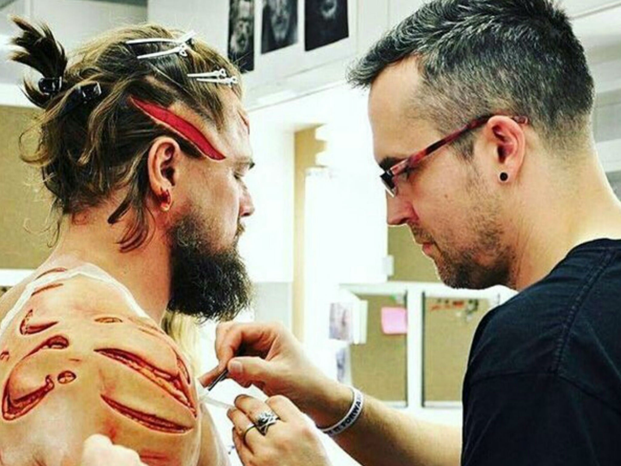 Leonardo DiCaprio with Duncan Jarman, his personal make-up artist on The Revenant