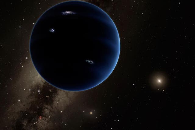 This artistic rendering shows the distant view from Planet Nine back towards the sun. The planet is thought to be gaseous, similar to Uranus and Neptune. Hypothetical lightning lights up the night side