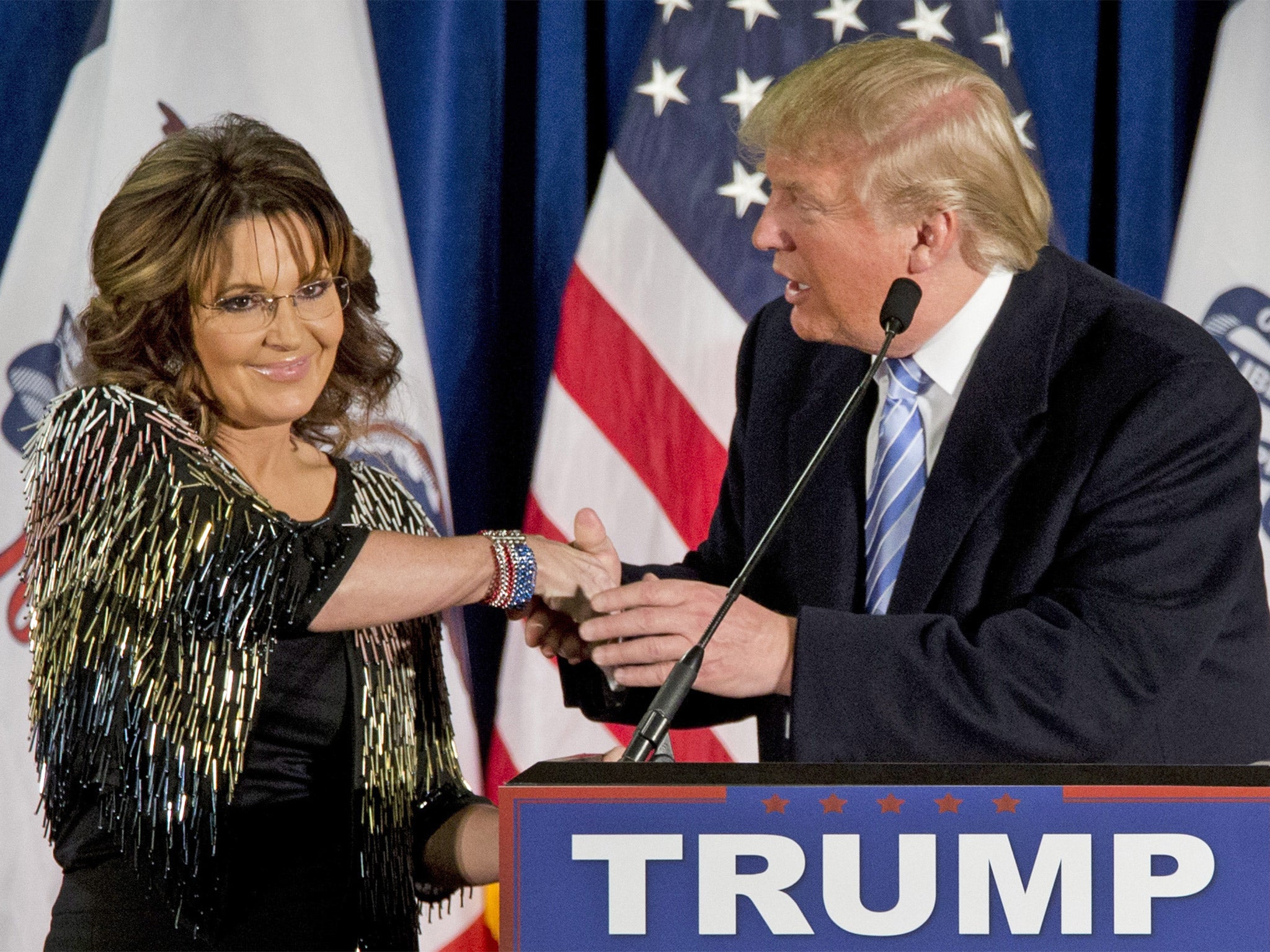 Donald Trump with Sarah Palin, who backed him in his bid to be the republican presidential candidate, at Iowa State University on Tuesday
