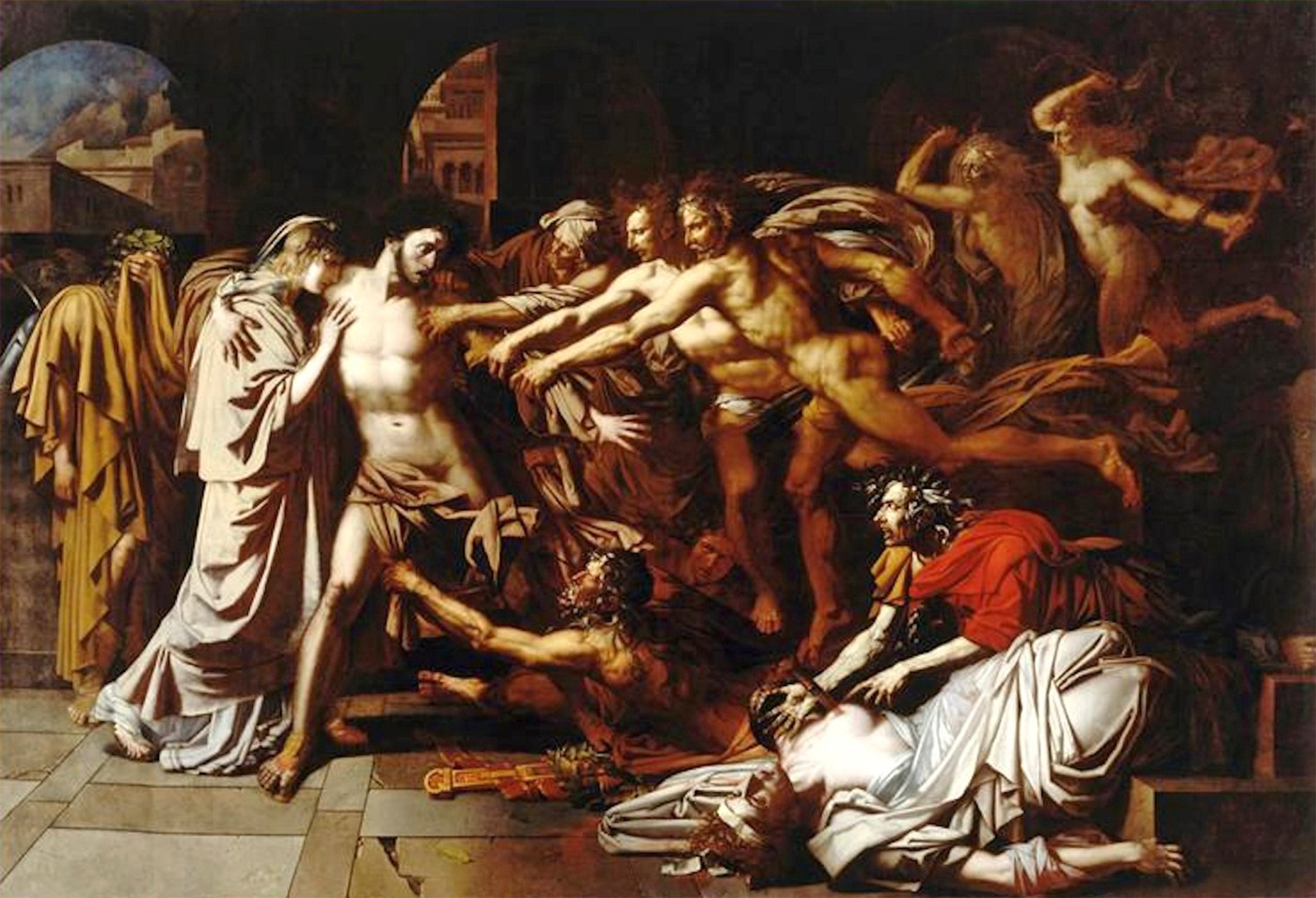 Hennequin’s painting of Orestes tormented by the Furies, which shows him being embraced by his sister Electra after killing their mother in a mad plot