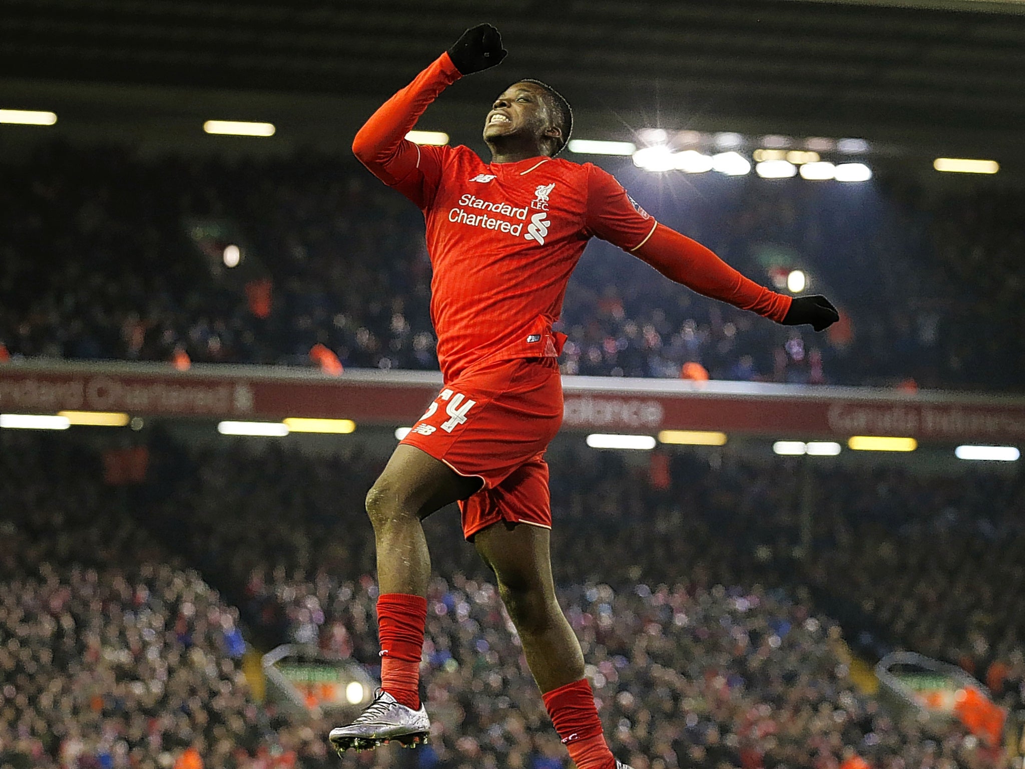 Sheyi Ojo celebrates scoring his first Liverpool goal