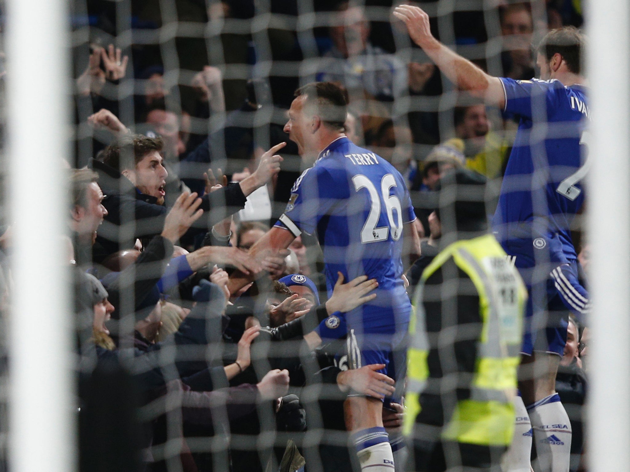 John Terry celebrates his equaliser against Everton