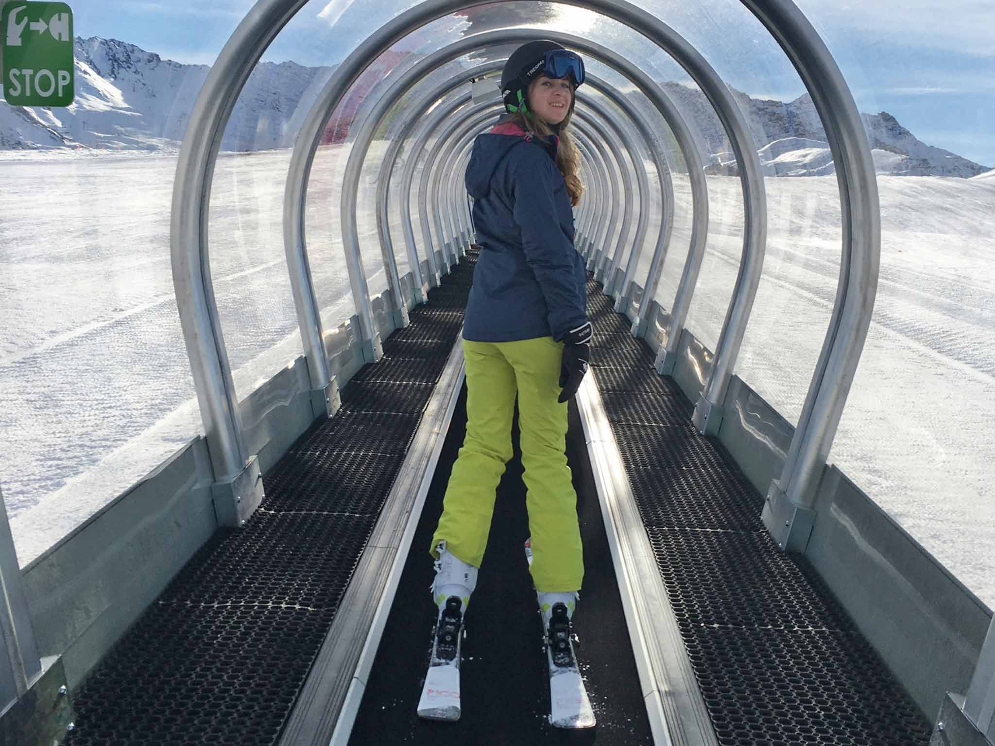 Tunnel vision: the new travelator has made Val d’Isère hassle-free for new skiers like Rachael