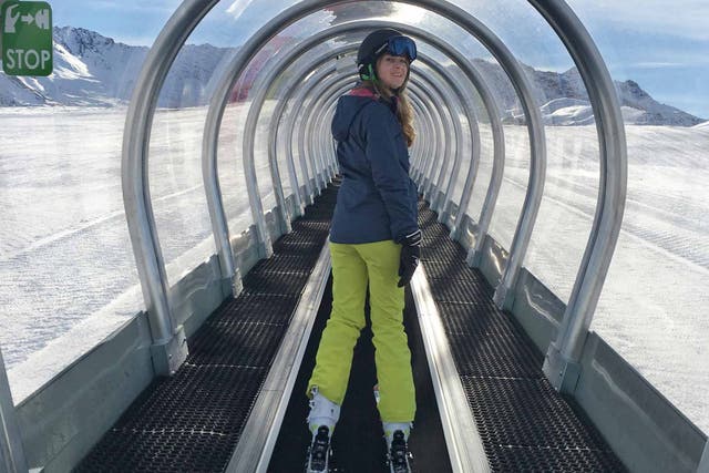 Tunnel vision: the new travelator has made Val d’Isère hassle-free for new skiers like Rachael