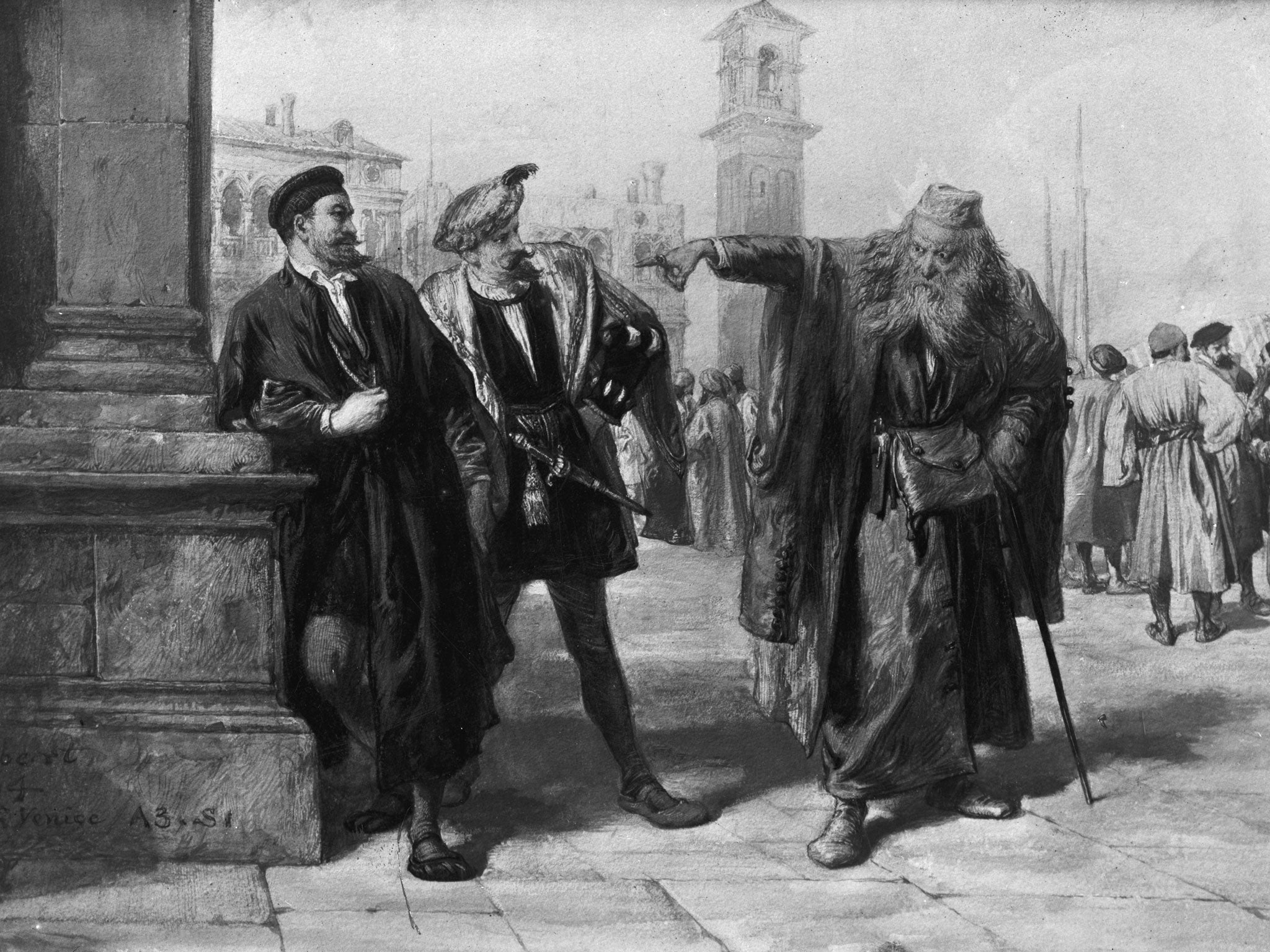 Shakespeare retold: Salanio and Salarino meet Shylock on a street in a watercolour by Sir John Gilbert, RA