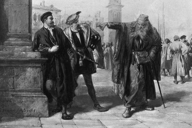 Shakespeare retold: Salanio and Salarino meet
Shylock on a street in a watercolour by Sir
John Gilbert, RA